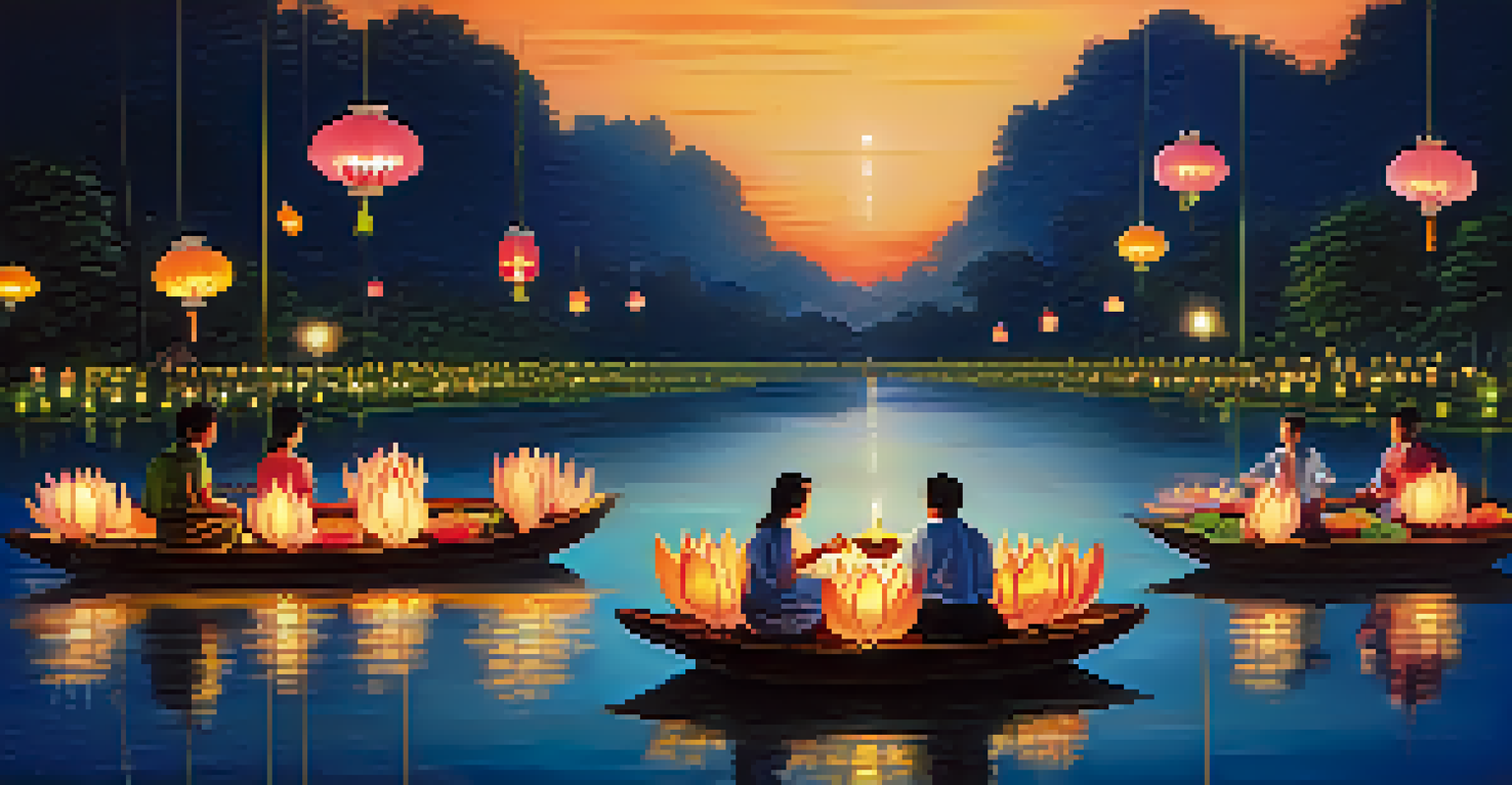 A night scene of the Loy Krathong festival with floating lotus vessels and illuminated lanterns on the river.