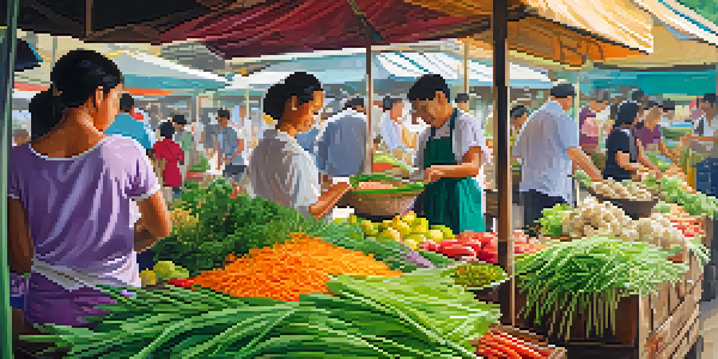 A busy Thai market showcasing fresh herbs and vegetables with people interacting and selecting ingredients.