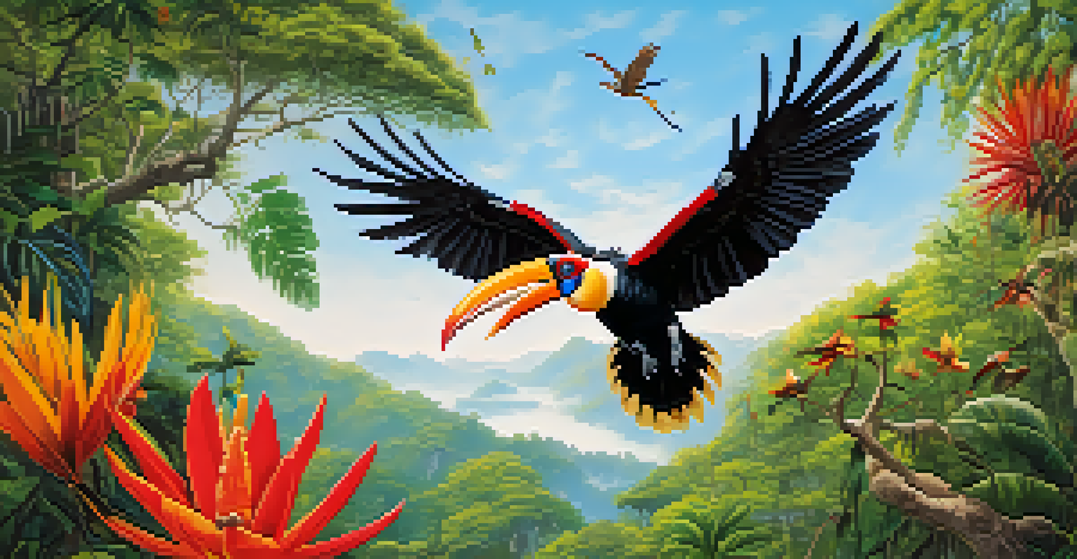 A colorful hornbill flying against a blue sky, with a lush jungle and tropical flowers below.