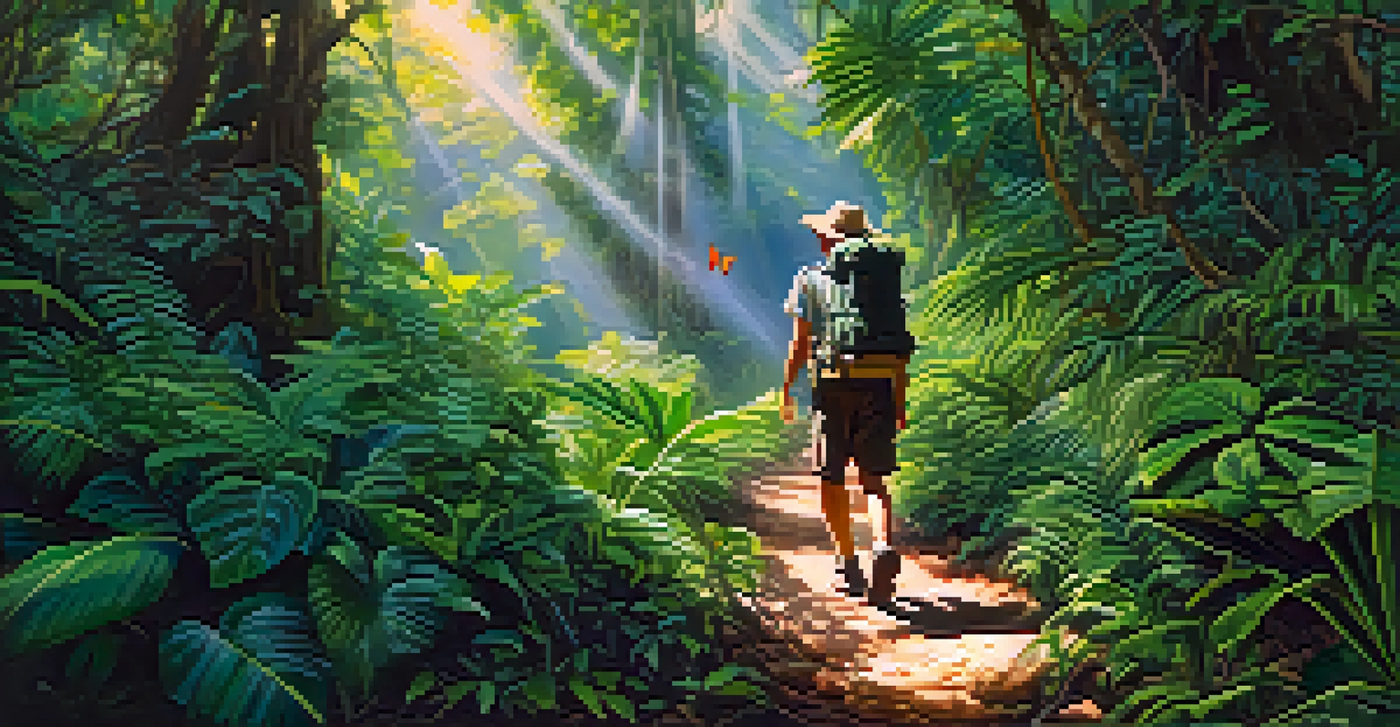 A hiker in a dense jungle trail in Thailand, wearing hiking boots and a backpack, surrounded by green foliage and butterflies. Sunlight filters through the canopy.