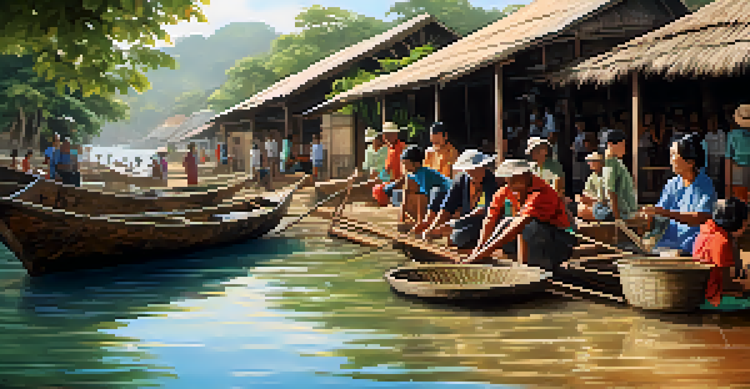 A community workshop in a fishing village, where locals learn sustainable fishing practices from a mentor, with the ocean in the background.