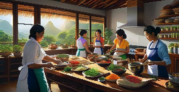 A lively Thai cooking class with participants chopping fresh herbs and vegetables in a sunlit kitchen filled with colorful spices.