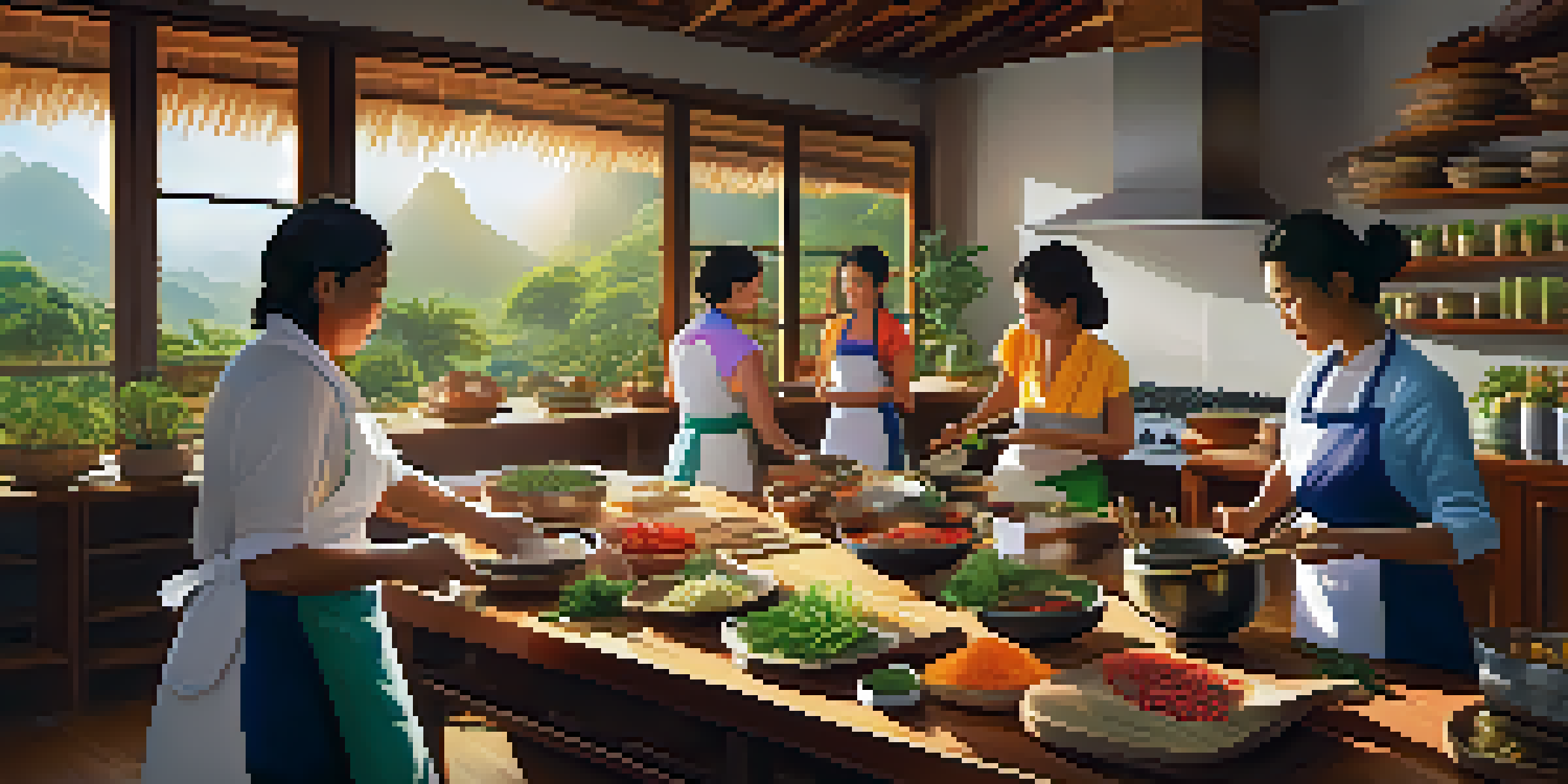 A lively Thai cooking class with participants chopping fresh herbs and vegetables in a sunlit kitchen filled with colorful spices.