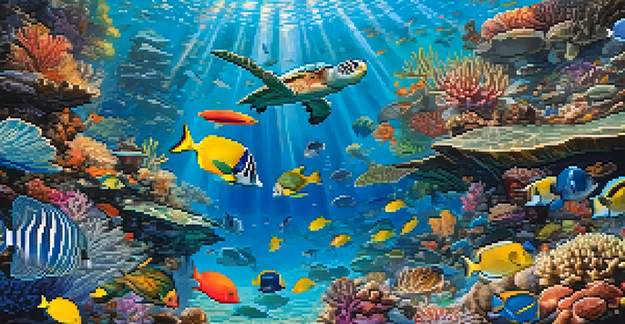 An underwater view of a colorful coral reef filled with tropical fish and sea turtles, illuminated by sunlight.