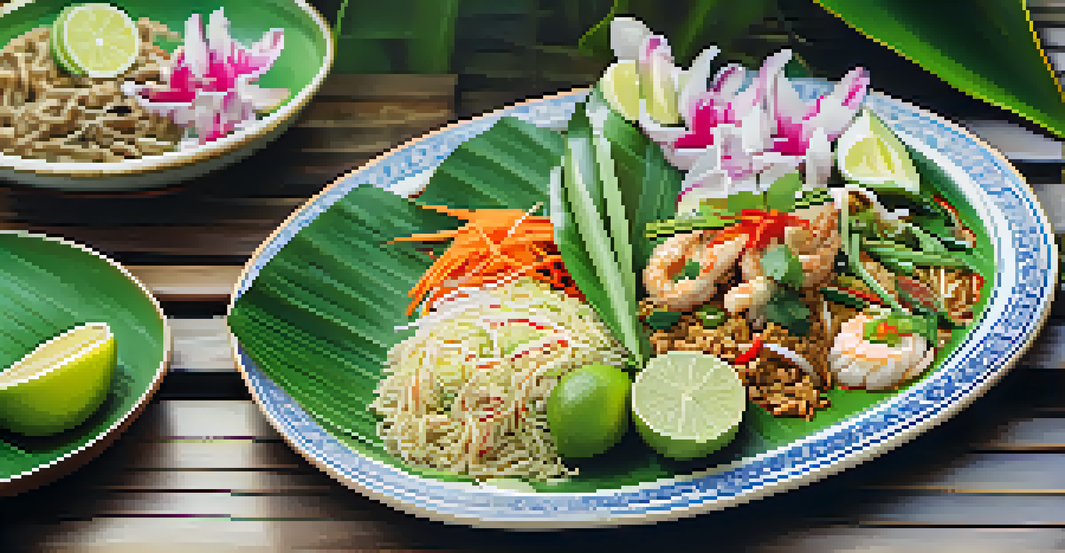A close-up view of colorful Thai dishes served on a banana leaf, showcasing vibrant ingredients.