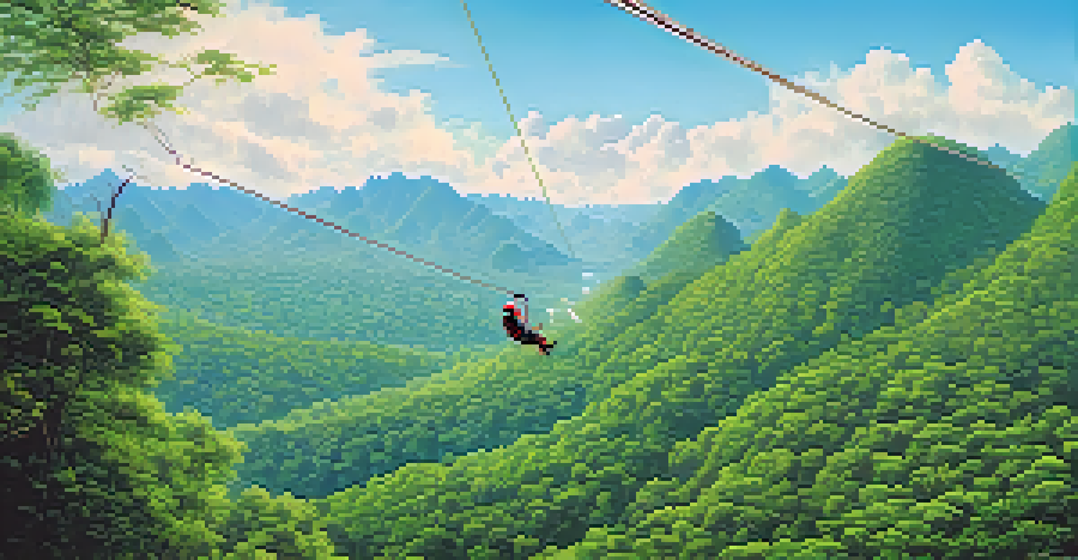 An adventurer zip-lining through the treetops in the jungles of Chiang Mai, surrounded by lush greenery.