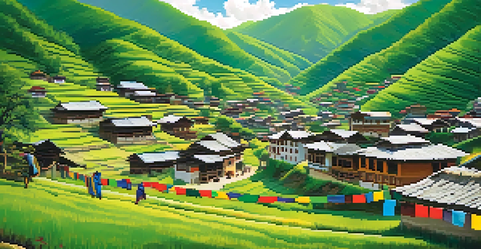 A peaceful Bhutanese village surrounded by mountains, with colorful prayer flags and traditional architecture.