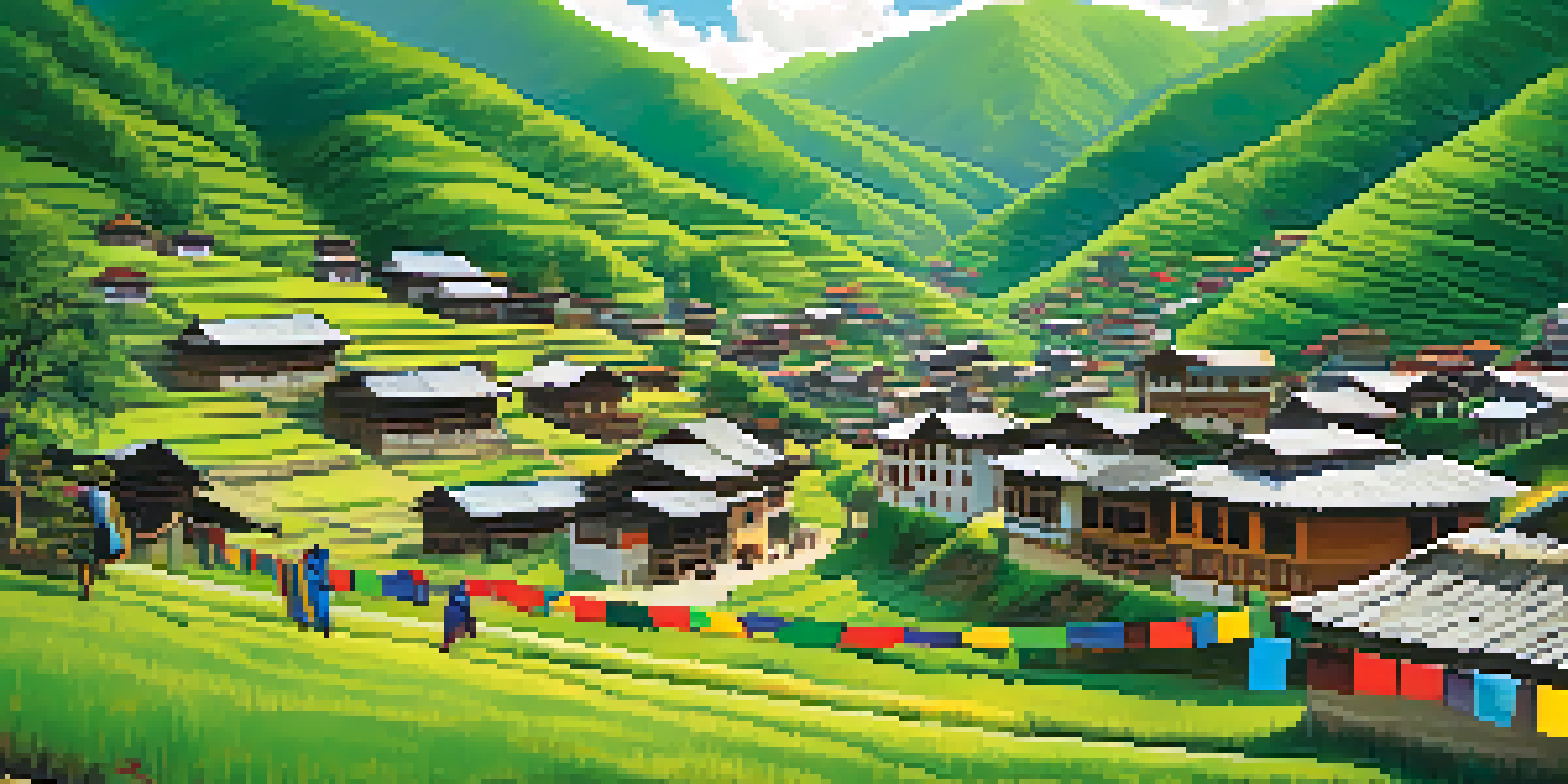 A peaceful Bhutanese village surrounded by mountains, with colorful prayer flags and traditional architecture.
