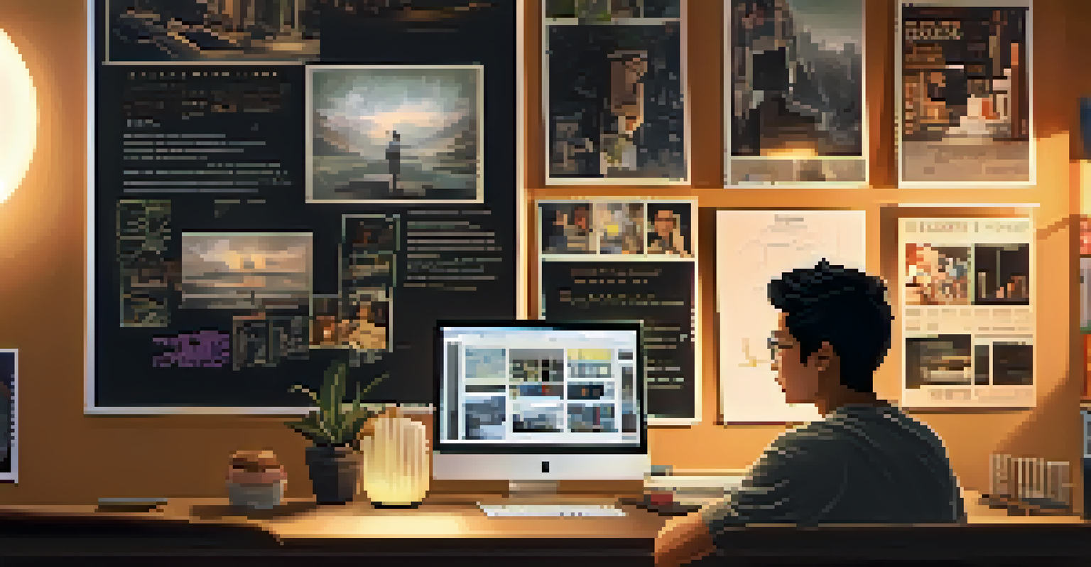 A young Thai filmmaker in a modern workspace, surrounded by film posters and storyboards, immersed in creative brainstorming under soft warm lighting.