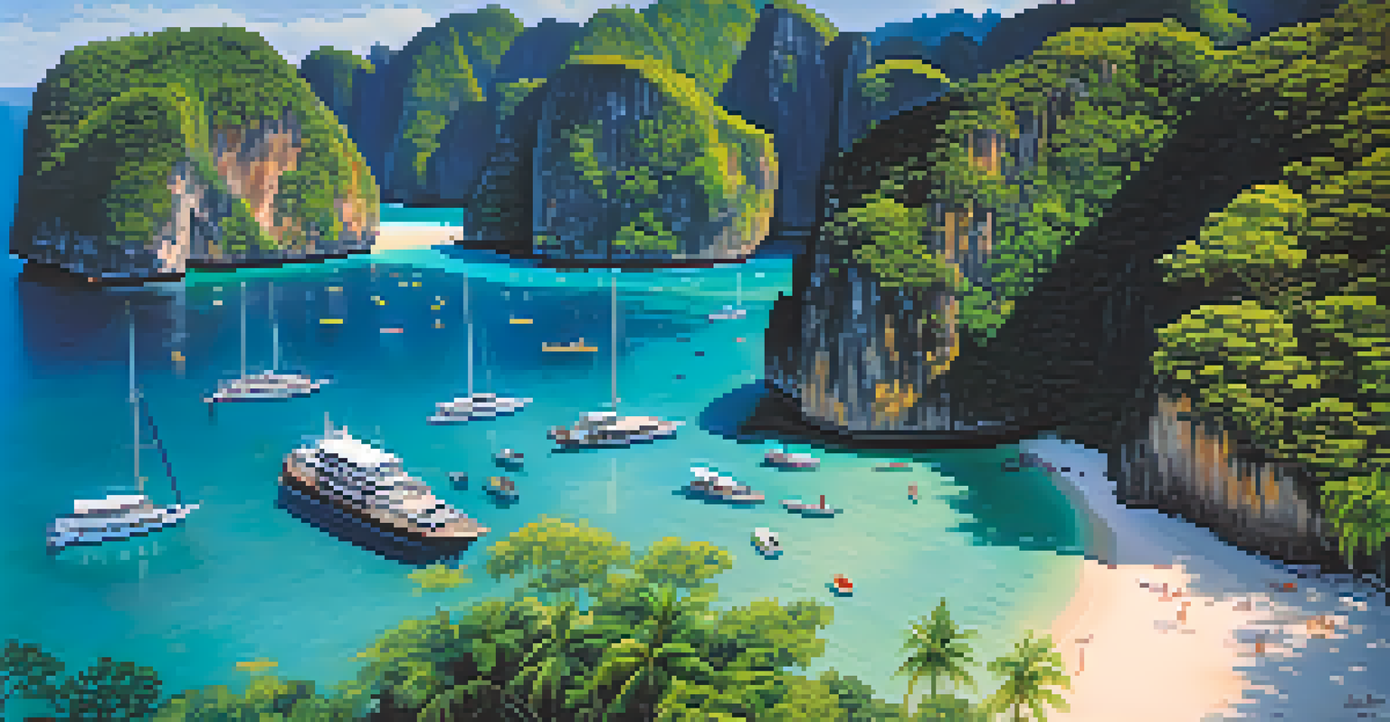 Aerial view of Phi Phi Islands with cliffs and turquoise waters, showing a busy beach.