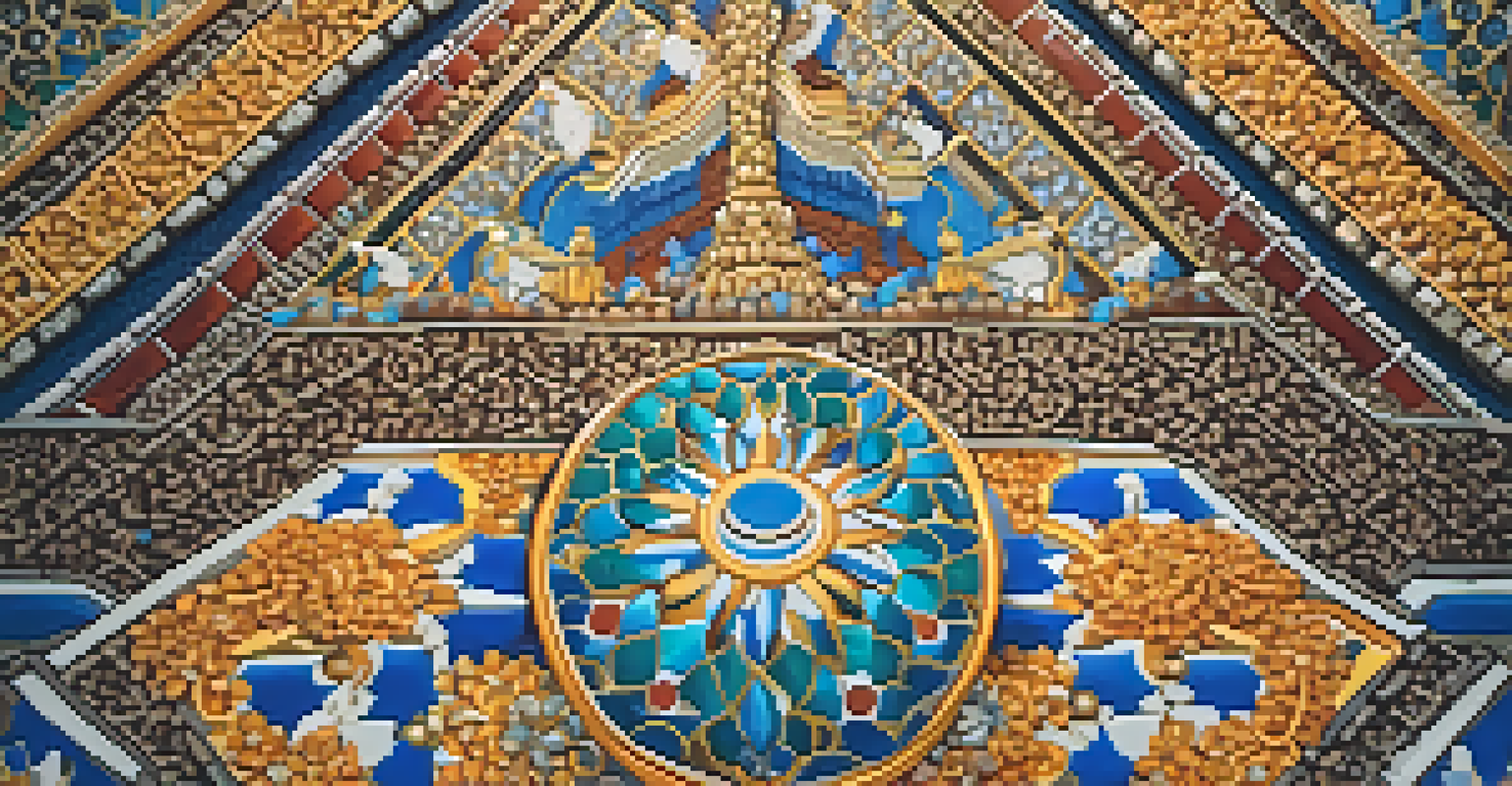 A close-up view of a mosaic at Wat Phra Kaew with vibrant colors and intricate patterns.