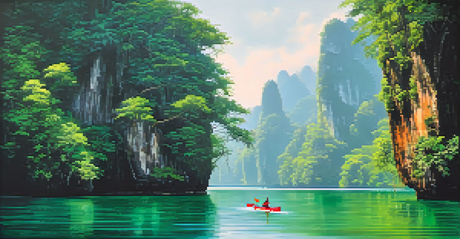 A kayaker navigating through a tranquil river in Khao Sok National Park, with lush rainforest and a kingfisher nearby.