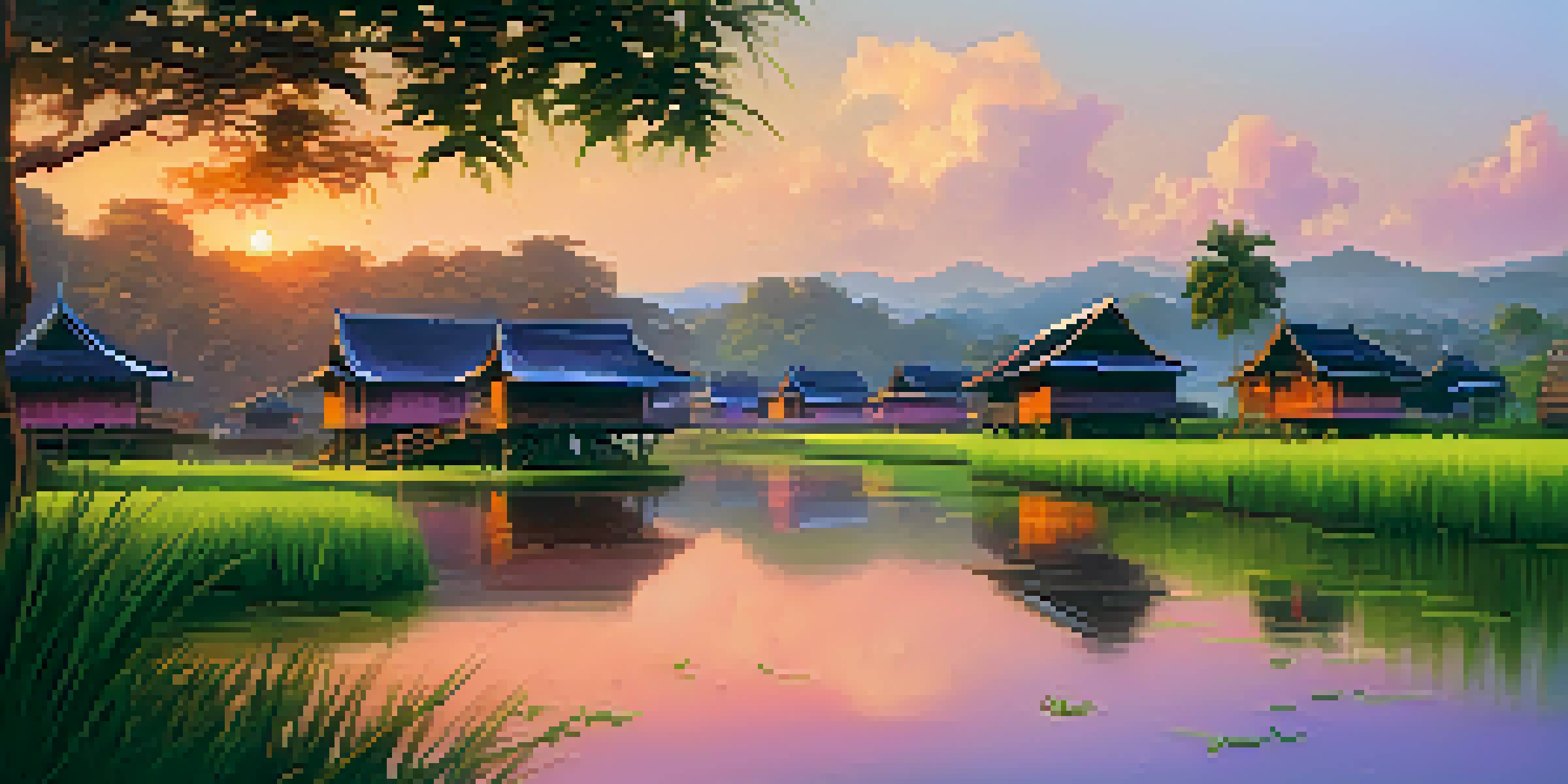 A peaceful sunset view of a traditional Thai village with wooden houses on stilts and rice paddies, reflecting warm colors in the sky.