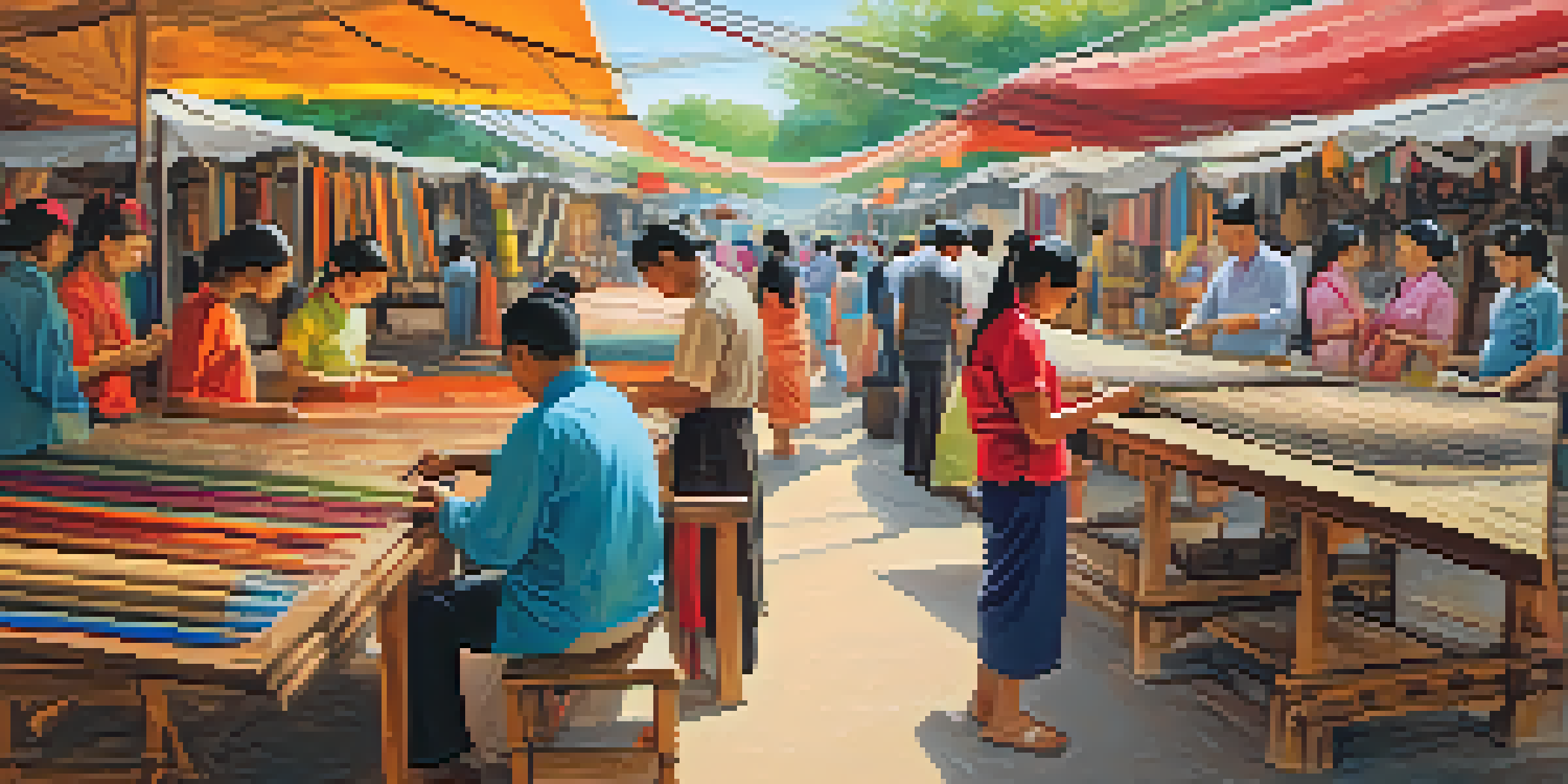 A colorful Thai art and craft fair with artisans weaving textiles and showcasing wooden sculptures.