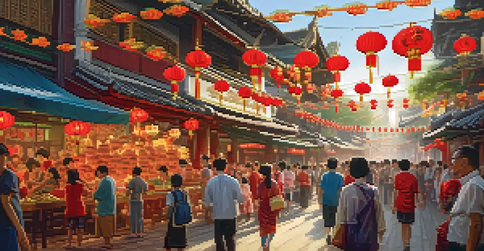 A lively street scene celebrating Chinese New Year in Thailand, filled with decorations, families, and a dragon dance.