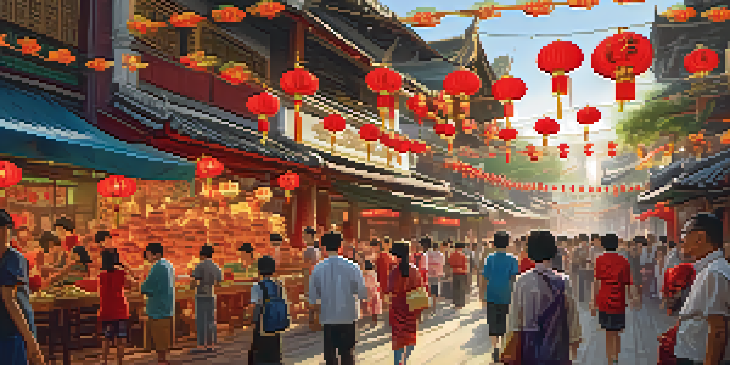 A lively street scene celebrating Chinese New Year in Thailand, filled with decorations, families, and a dragon dance.