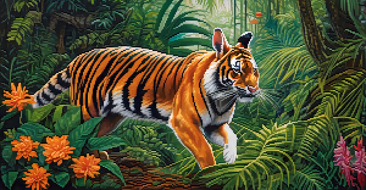 A clever rabbit leaping over a surprised tiger in a vibrant jungle, surrounded by lush greenery and colorful flowers.