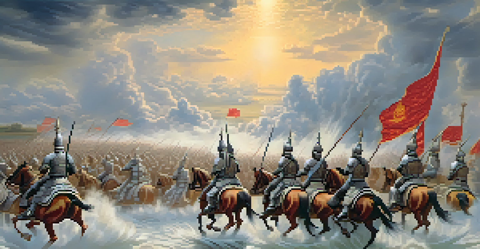 A warrior king on horseback leading an army into battle, with dramatic clouds in the background.