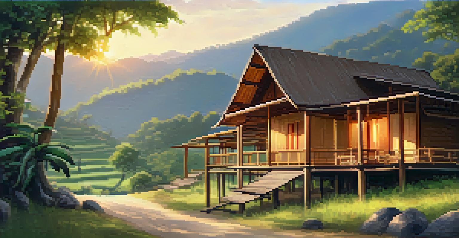 Eco-friendly lodges and tourists participating in guided tours in the scenic village of Pai, Thailand, surrounded by beautiful landscapes.