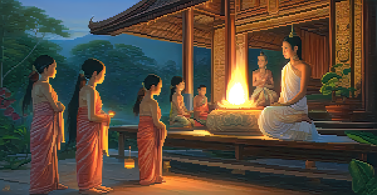 Ethereal Phi spirits glowing softly as they watch over a traditional Thai home at twilight.