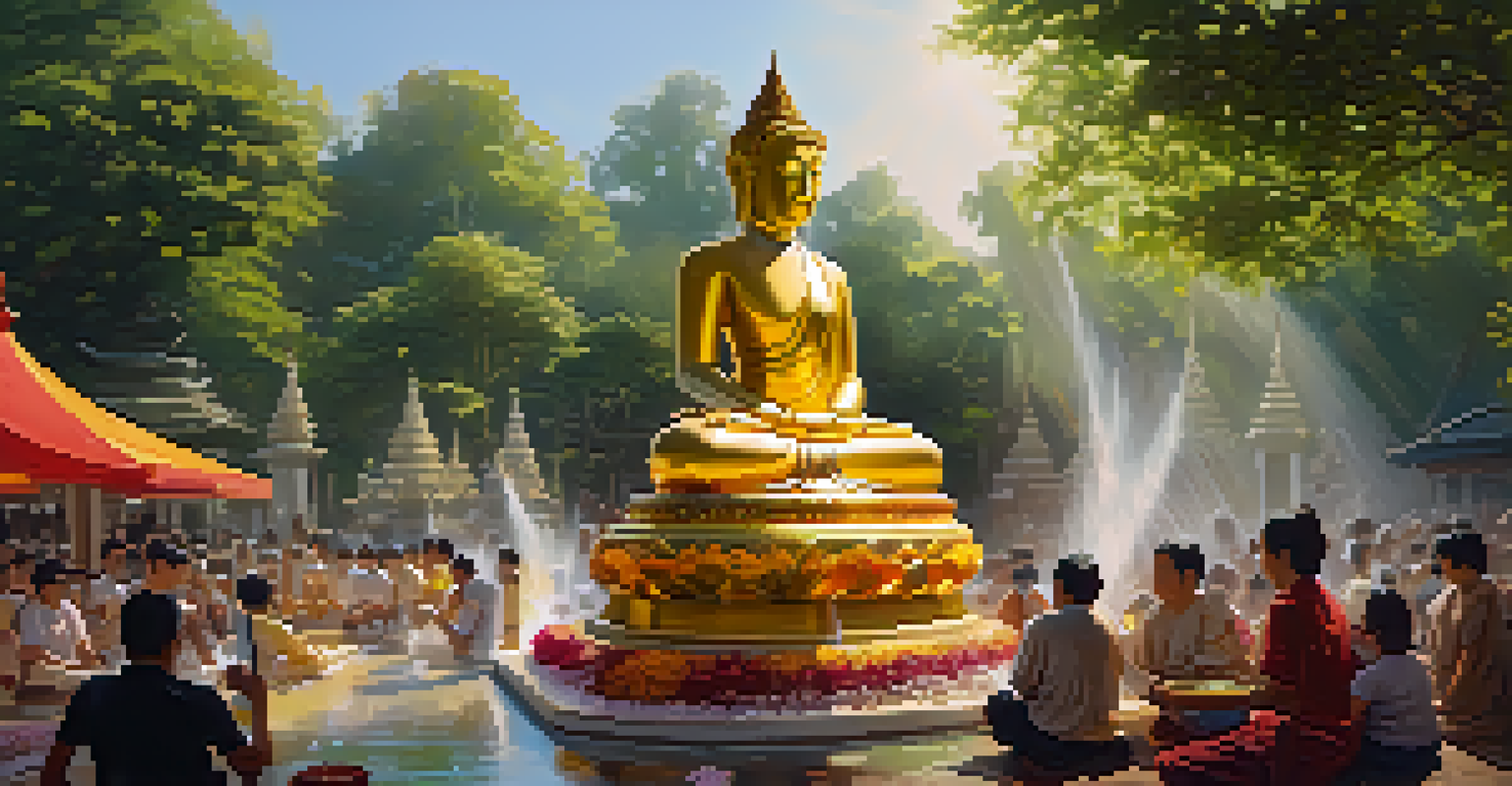 A peaceful scene at a temple during Songkran Festival, with people pouring water over a Buddha statue in a serene setting.