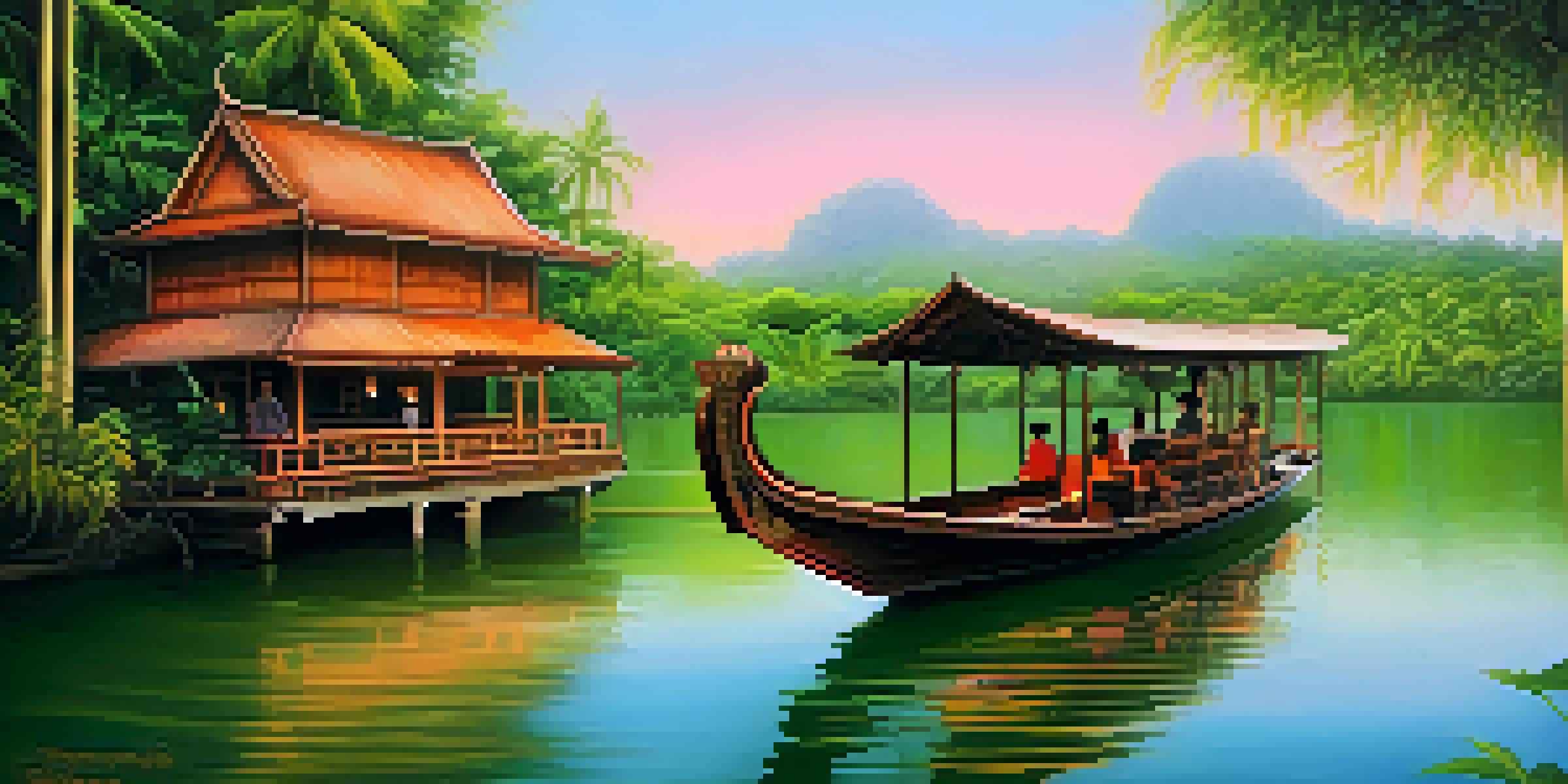 A tranquil river cruise in Thailand with a long-tail boat, surrounded by lush greenery and a sunset sky.