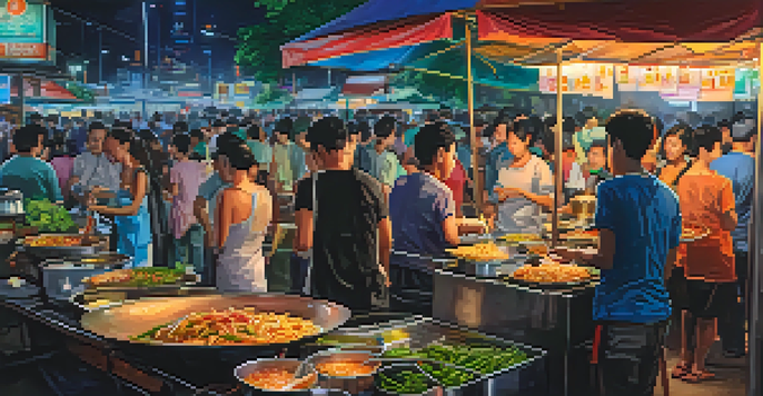 A lively Bangkok street food scene at night, featuring a vendor cooking pad thai, colorful stalls, and people enjoying their meals.