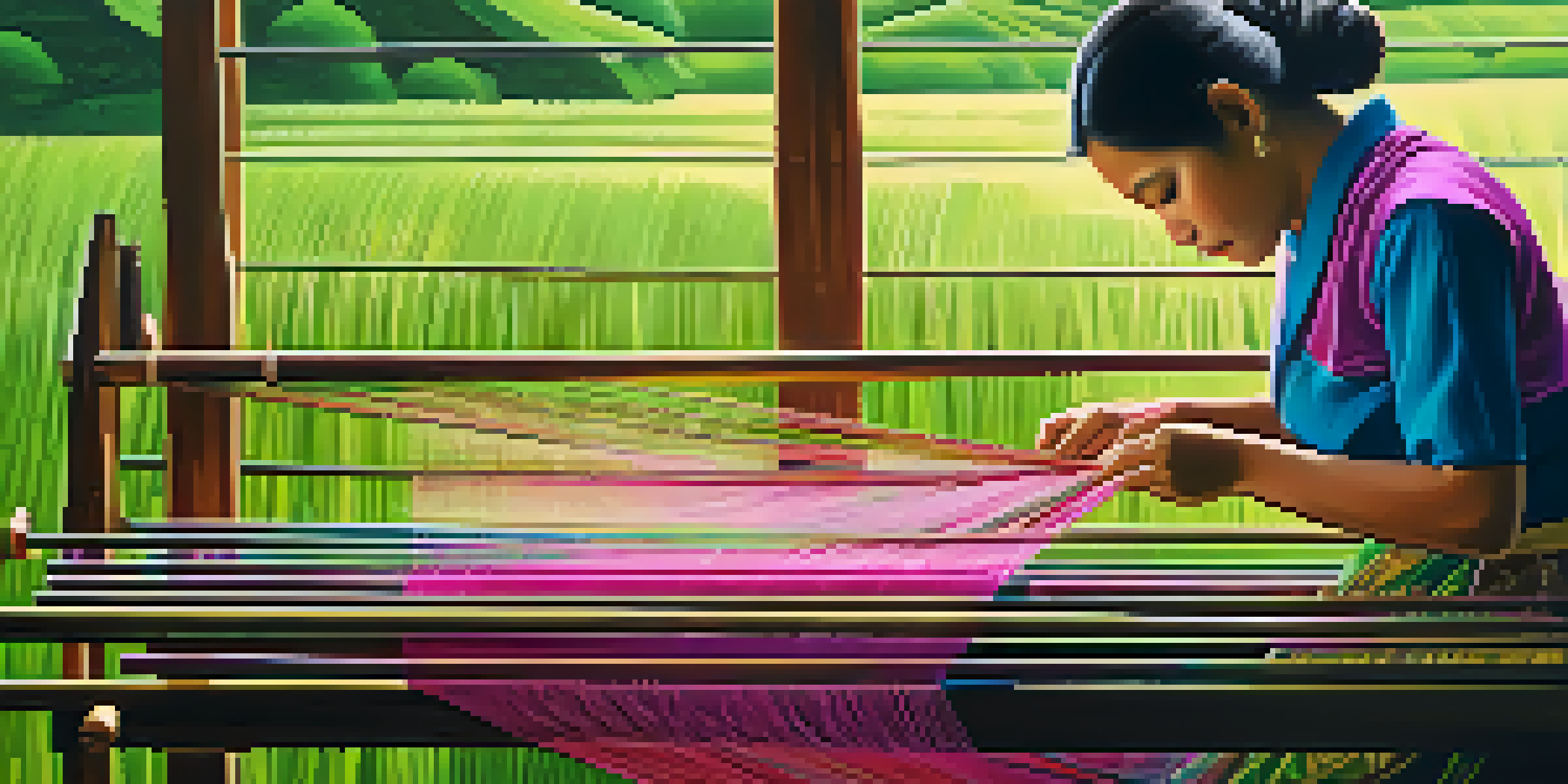 An artisan weaving colorful Thai silk on a loom, with fields and silkworms in the background, illuminated by warm sunlight.