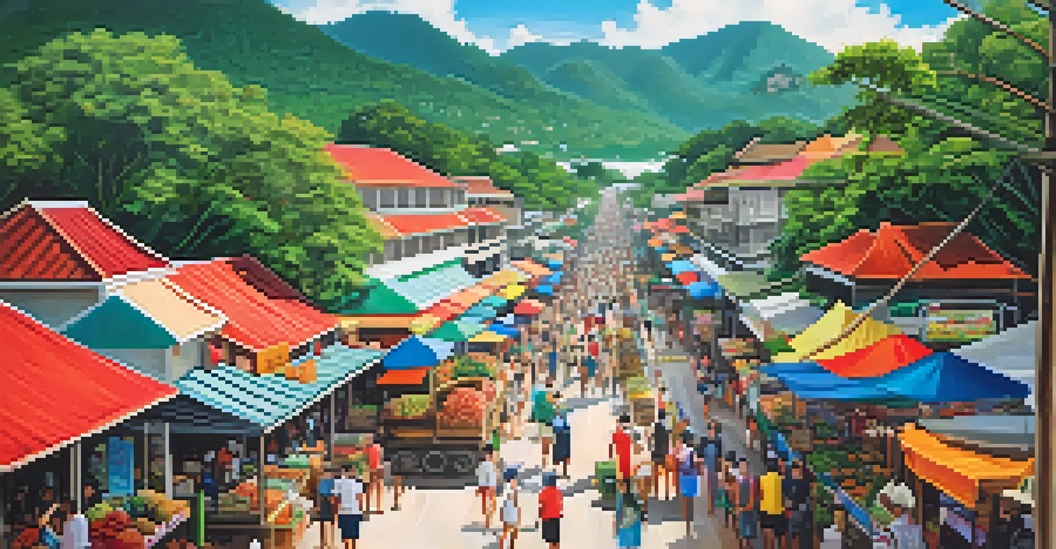 A vibrant local market in Koh Samui, surrounded by lush jungles and colorful stalls selling fruits and handicrafts.