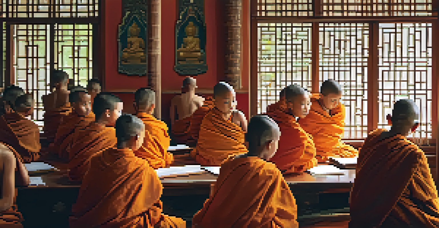 Young novice monks in a classroom, listening to an elder monk teach about Buddhism, with sunlight illuminating the room.