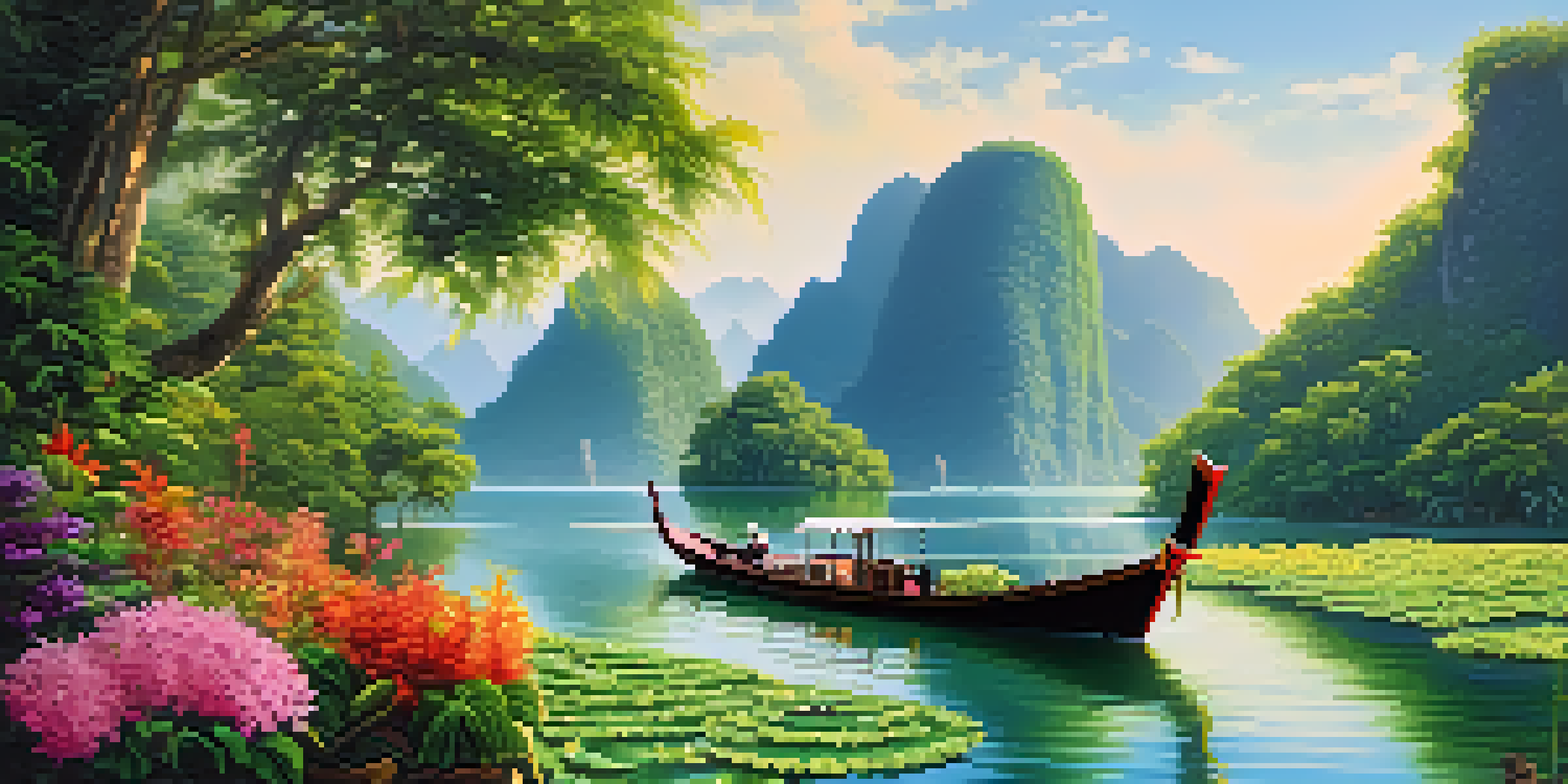 A traditional long-tail boat navigating through serene Thai waterways, framed by lush vegetation and mountains in the background.