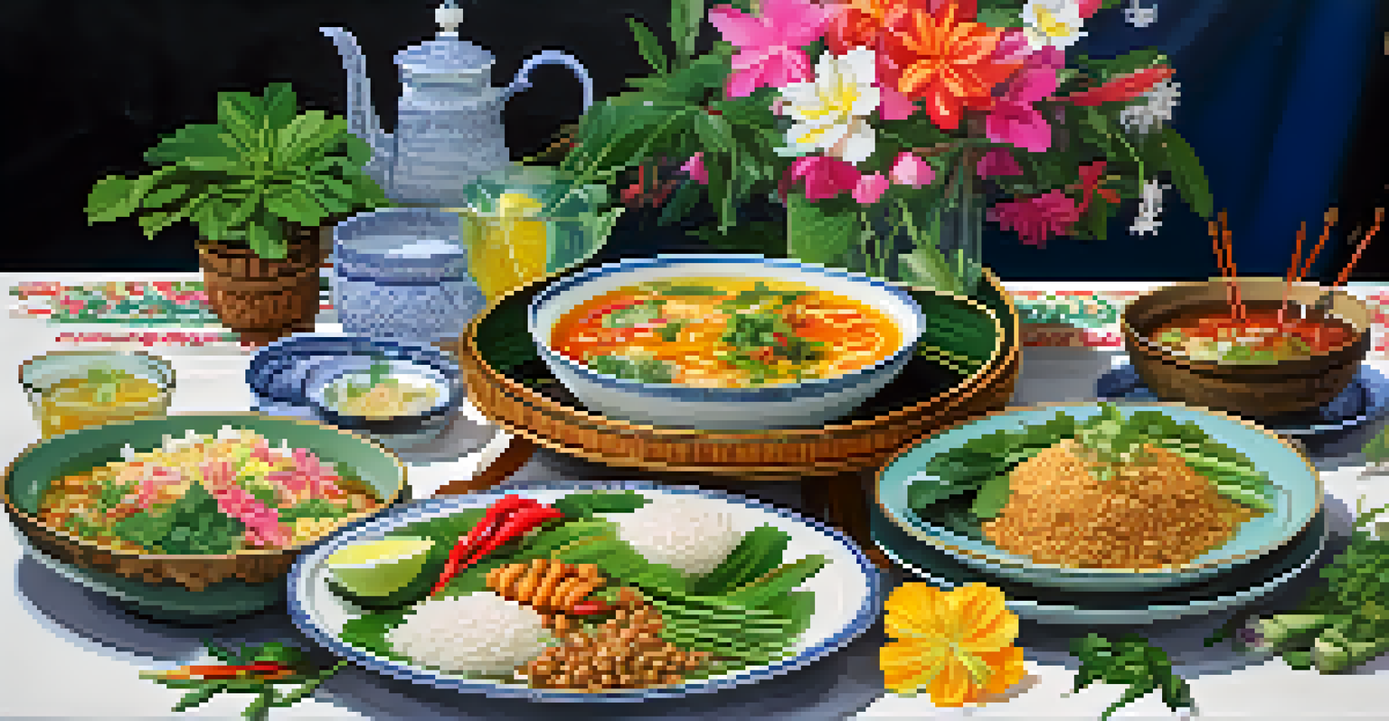 A festive table setting with traditional Thai dishes such as Khao Chae, surrounded by fresh flowers, reflecting the warmth of Thai hospitality during the New Year celebrations.