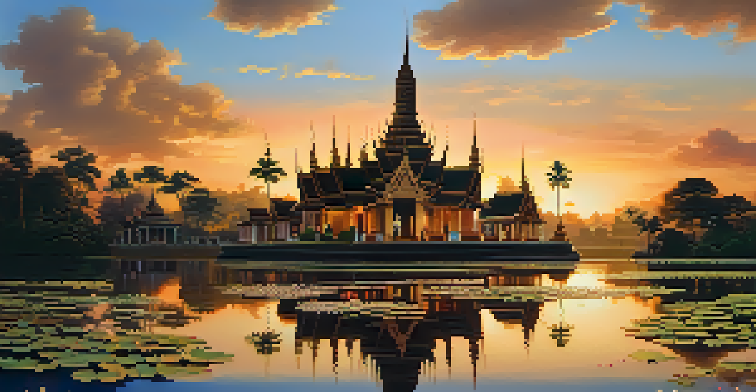 A traditional Thai temple at sunset with golden spires and a lotus pond in the foreground, creating a tranquil atmosphere.