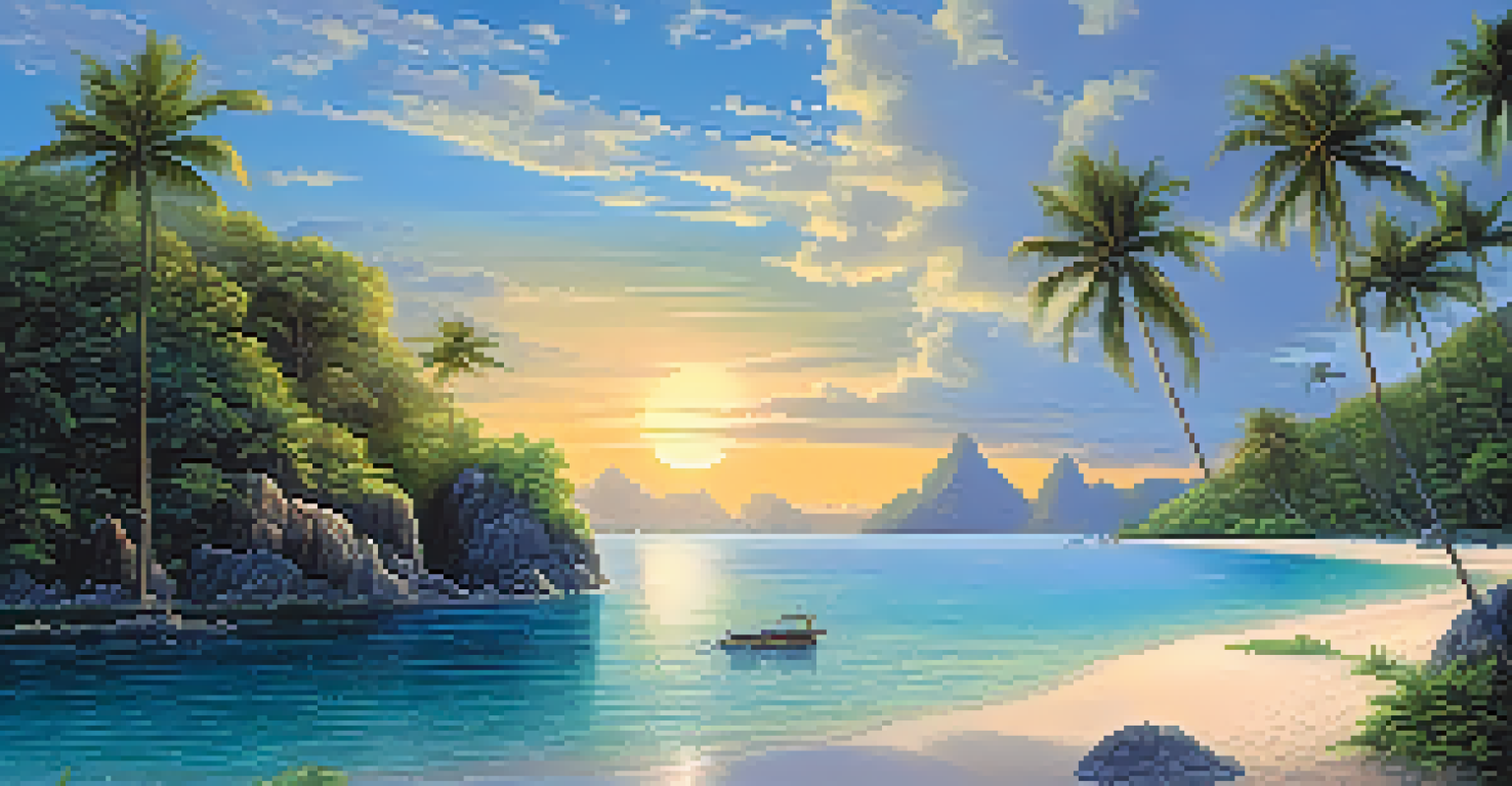 A vibrant underwater scene in Tarutao National Park with coral reefs, colorful fish, and a sea turtle, set against a sunset over tranquil waters and tropical islands.