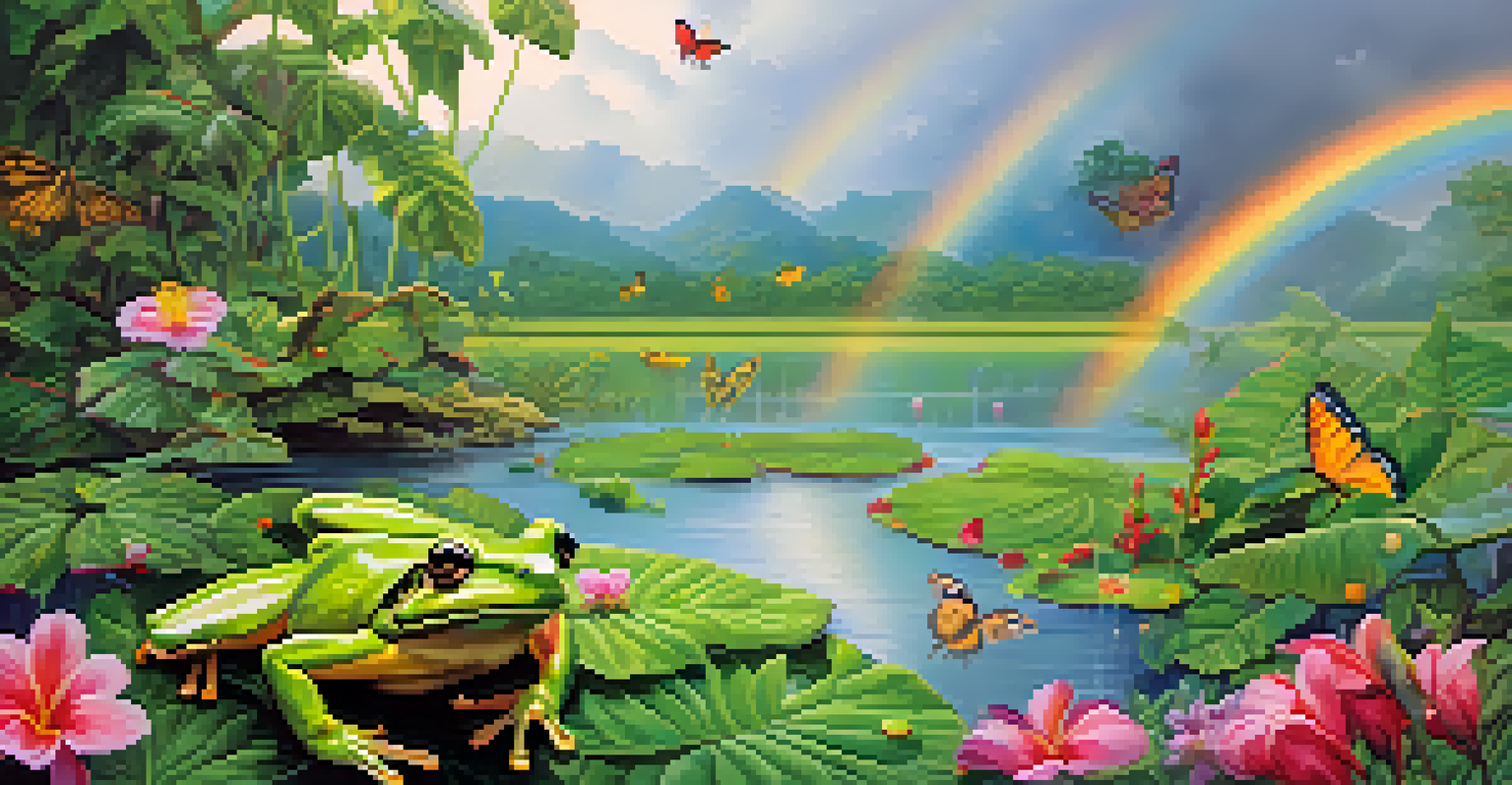 A vibrant landscape in a Thai national park during the rainy season, featuring frogs, butterflies, and a rainbow.