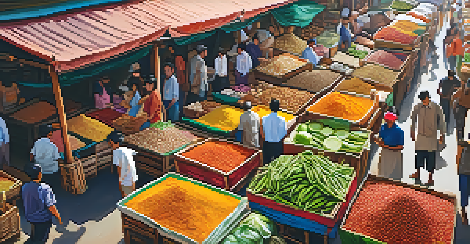 An aerial view of a bustling Thai market filled with vibrant stalls and shoppers engaging in lively interactions.