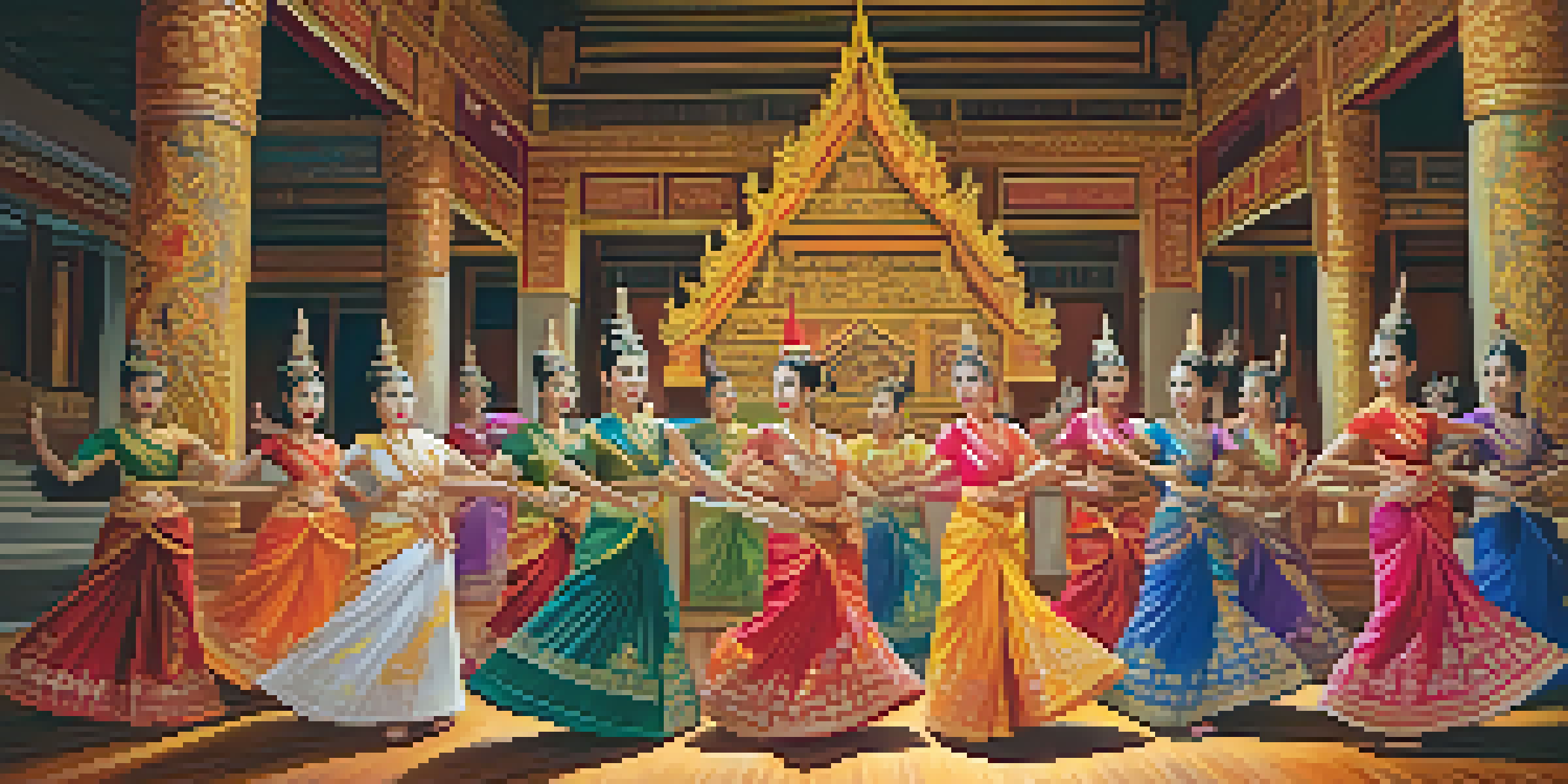 A traditional Thai dance performance with dancers in colorful costumes set against a backdrop of Thai architecture, illuminated by warm lighting.
