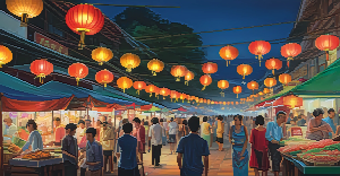 A lively night market in Bangkok, filled with people and colorful lanterns, with a historical temple in the background.