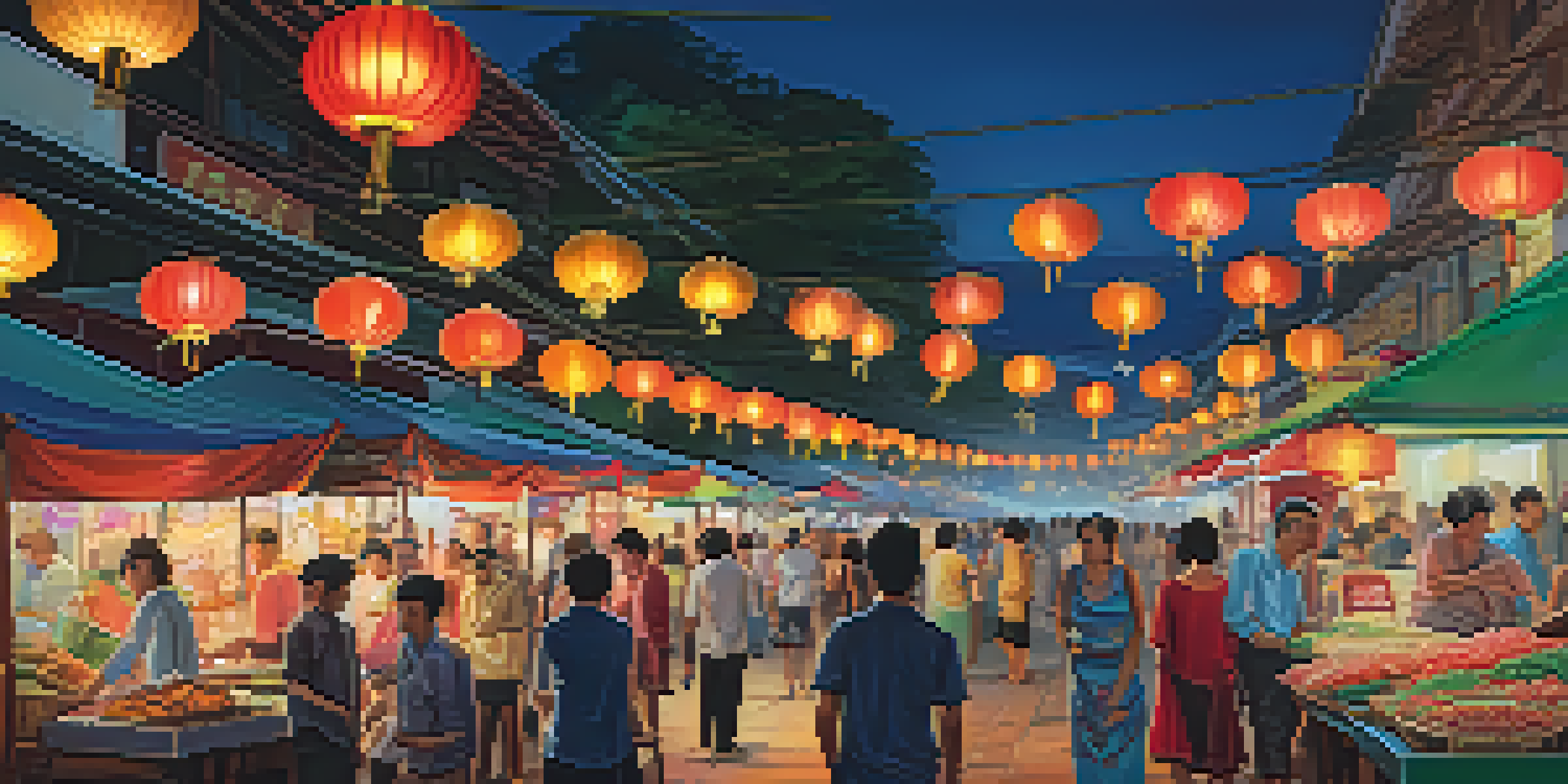 A lively night market in Bangkok, filled with people and colorful lanterns, with a historical temple in the background.