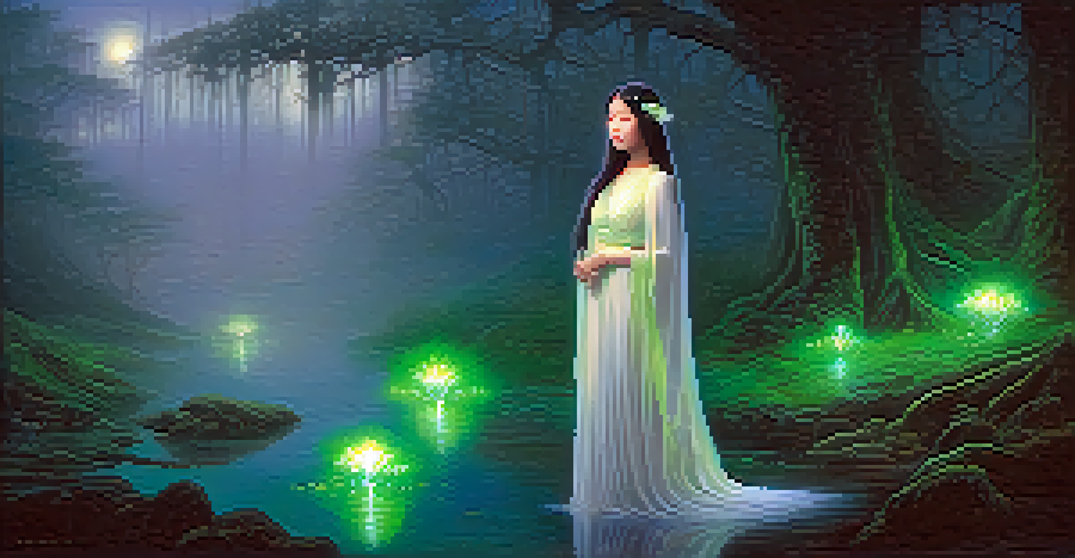 A ghostly woman with a green glow standing by a swamp at night, surrounded by fog and fireflies.