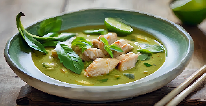 A close-up view of a bowl of green curry with green chilies, basil, and chicken, accompanied by jasmine rice and lime wedges on a wooden table.