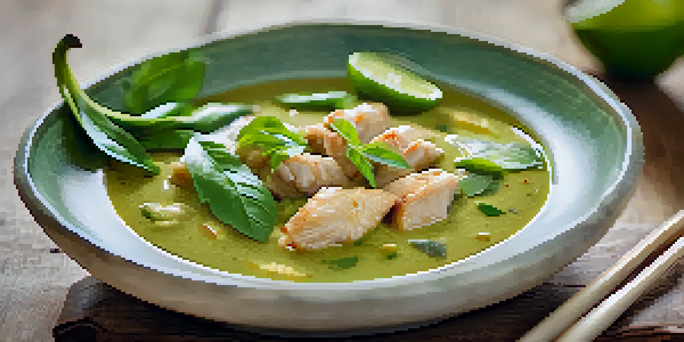 A close-up view of a bowl of green curry with green chilies, basil, and chicken, accompanied by jasmine rice and lime wedges on a wooden table.