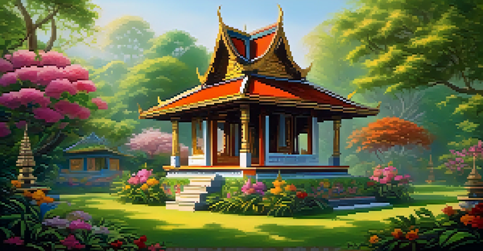 A traditional Thai spirit house surrounded by greenery, decorated with flowers and incense, illuminated by soft sunlight.