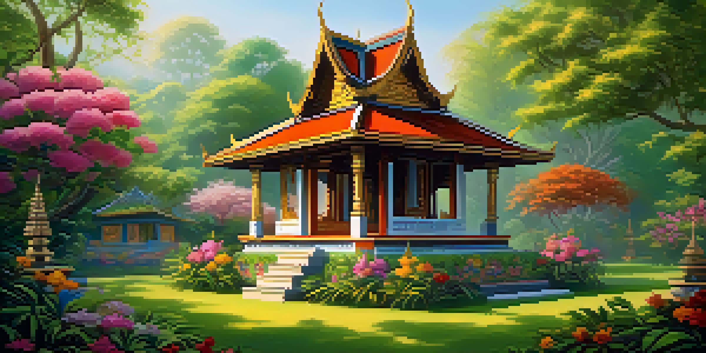 A traditional Thai spirit house surrounded by greenery, decorated with flowers and incense, illuminated by soft sunlight.
