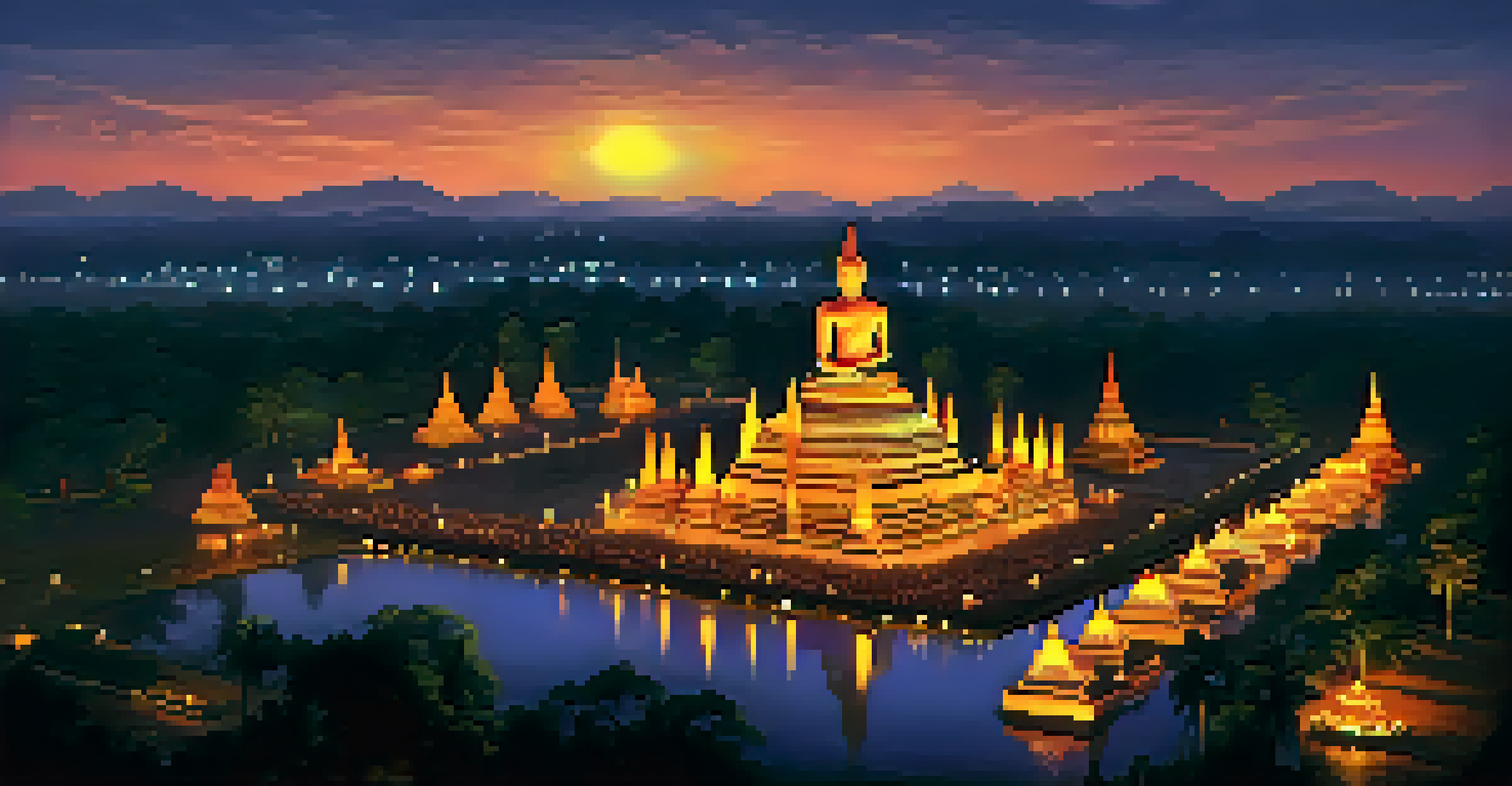 Aerial night view of Sukhothai Historical Park during the Loy Krathong Festival, showcasing floating lanterns and illuminated temples.