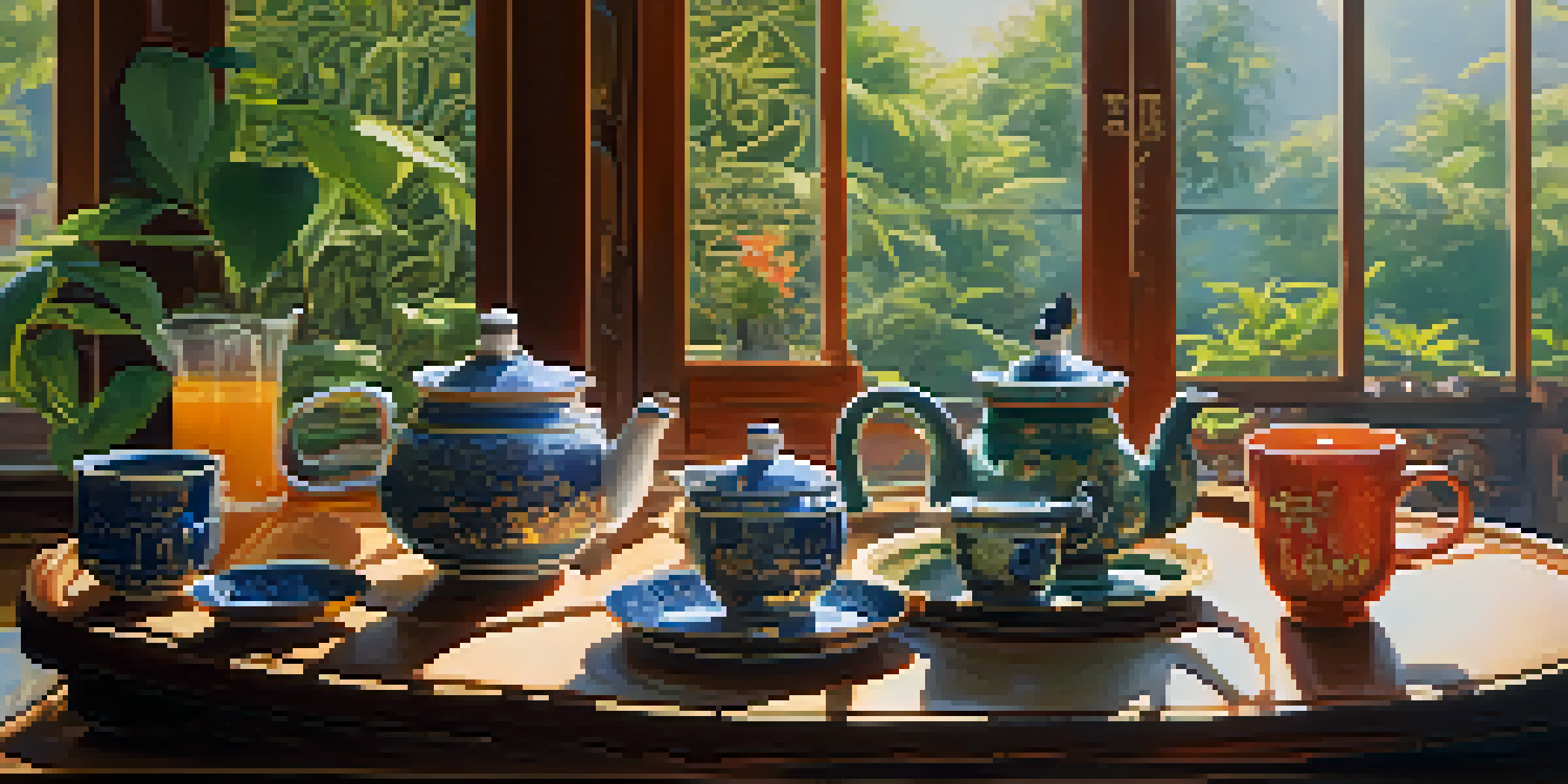 A family enjoying a traditional Thai tea ceremony in a bright tea house, with colorful teapots and cups on the table.