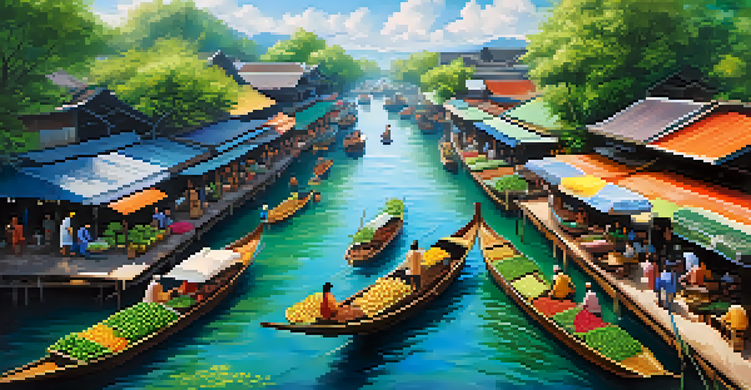 A vibrant aerial view of Thailand's floating markets with colorful boats and fresh produce.