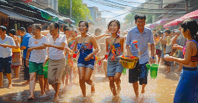A lively Songkran celebration in Thailand, showcasing people of all ages joyfully splashing water in a sunlit street surrounded by flowers and greenery.