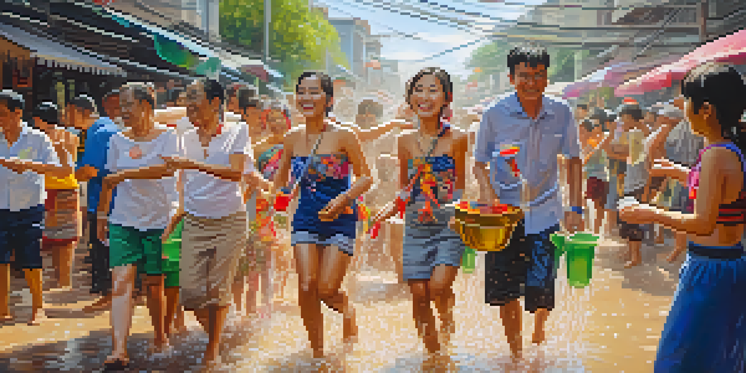 A lively Songkran celebration in Thailand, showcasing people of all ages joyfully splashing water in a sunlit street surrounded by flowers and greenery.