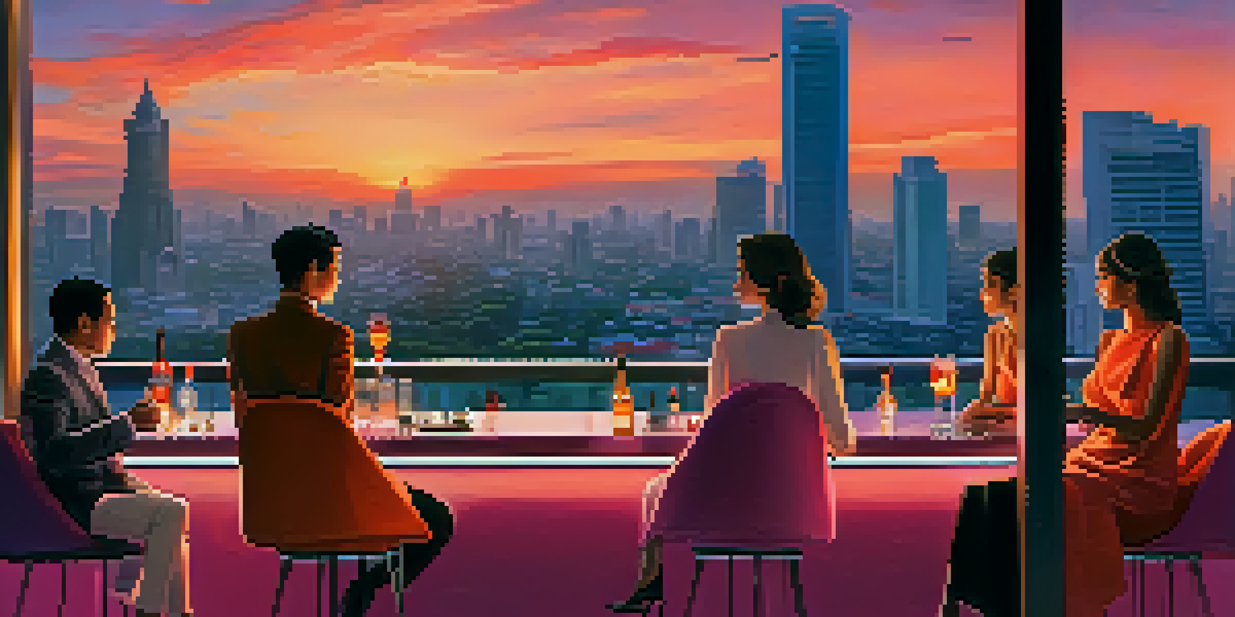 A rooftop bar in Bangkok at sunset, with a view of the skyline and patrons enjoying cocktails.